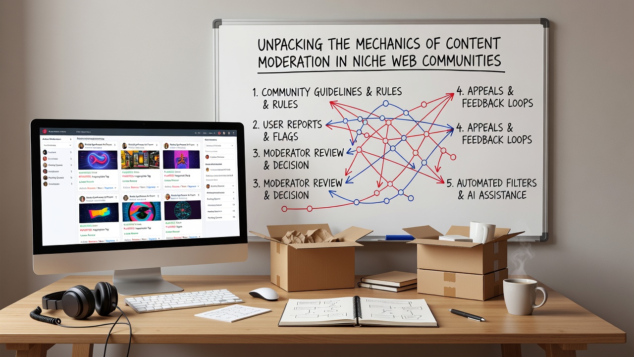 Screenshot-style image of a niche online community dashboard displaying moderation queue statistics and user appeal forms